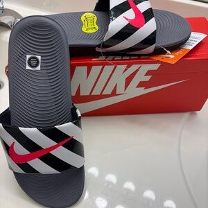 Nike Gray Slides with Red Swoosh